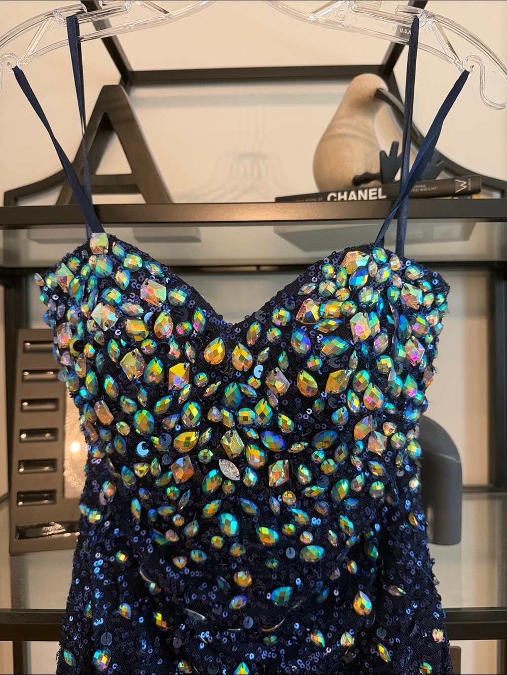 Angela & Alison Navy Blue Sequin Cocktail Dress with Iridescent Embellishments - Picture 2 of 5